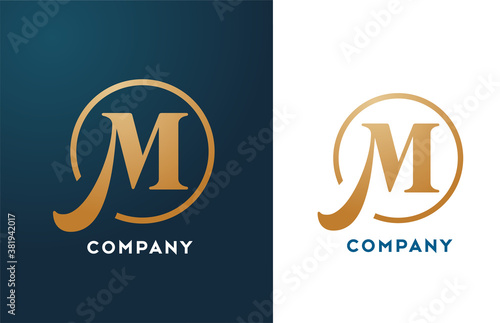 M alphabet letter logo icon in gold and blue color. Simple and creative golden circle design for company and business