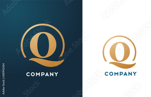 Q alphabet letter logo icon in gold and blue color. Simple and creative golden circle design for company and business