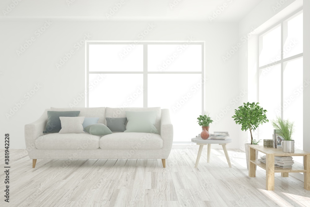 Obraz premium White living room with sofa. Scandinavian interior design. 3D illustration