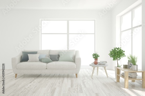 White living room with sofa. Scandinavian interior design. 3D illustration