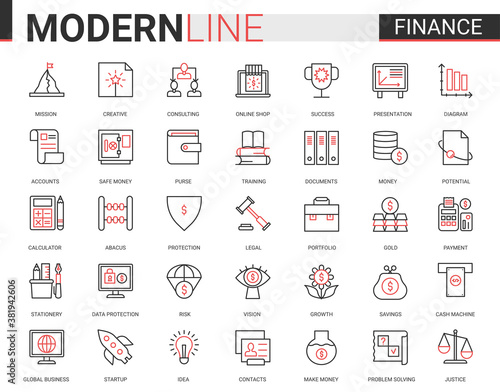 Finance flat thin red black line icon vector illustration set with outline financial business symbols collection of commerce analysis technology, economic data consulting and analyzing bank account.
