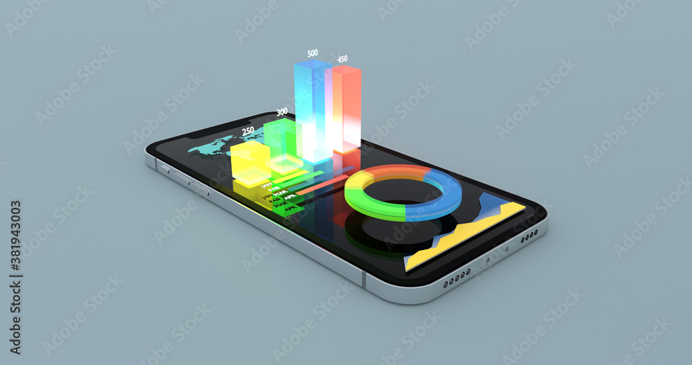 Dashboard charts and graphs, Business data on smartphone - 3d render Dashboard charts and graphs, Business data on smartphone - 3d render