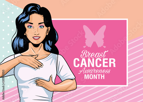 breast cancer awareness month lettering with woman self exam and butterfly