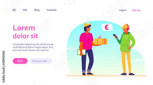 Young man using smartphone app for paying for delivery order. Courier giving parcel to customer flat vector illustration. Mobile payment  service concept for banner  website design or landing web page