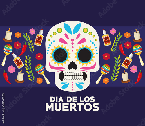 dia de los muertos celebration poster with skull head and set icons