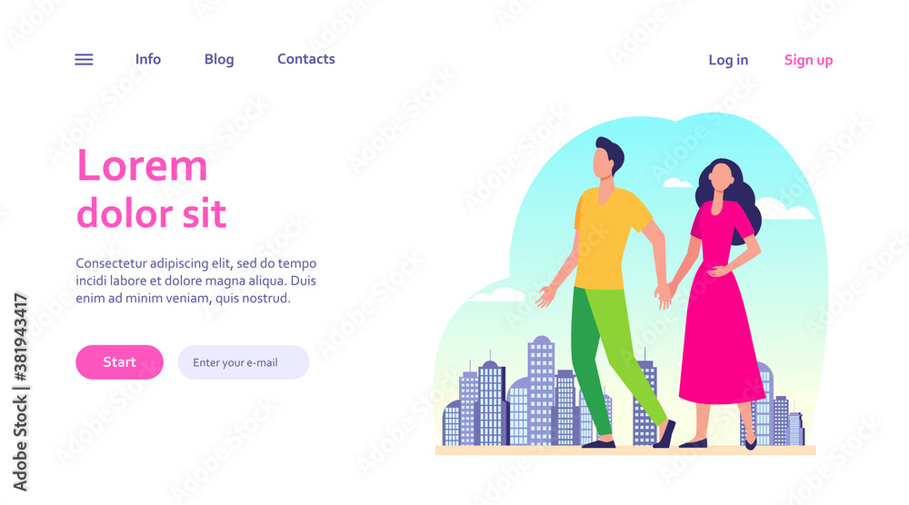 Young couple walking in city. Man and woman holding hands flat vector illustration. Citizens, outdoor activity, dating in city concept for banner, website design or landing web page Young couple walking in city. Man and woman holding hands flat vector illustration. Citizens, outdoor activity, dating in city concept for banner, website design or landing web page