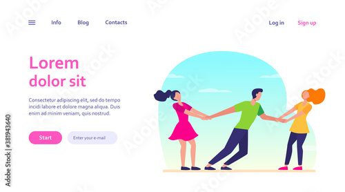 Women competing for boyfriend. Girls pulling on guy arms flat vector illustration. Competition, love, envy concept for banner, website design or landing web page