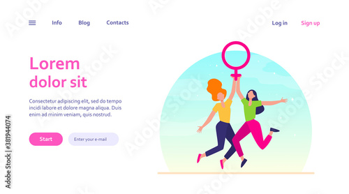 Two girls holding female symbol. Women with venus sign celebrating woman day flat vector illustration. Girl power  empowerment  feminism concept for banner  website design or landing web page