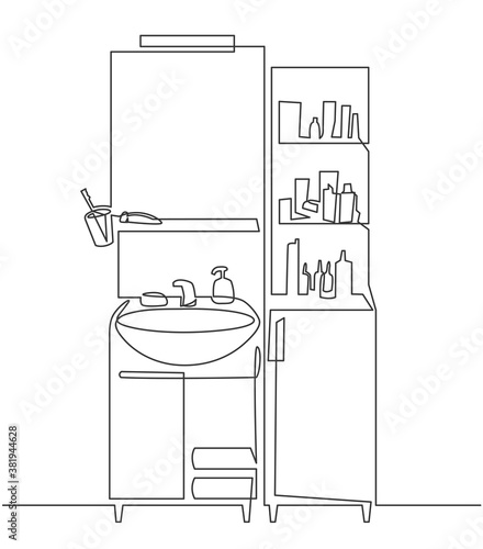 Continuous one line drawing of Bathroom interior with washbasin and mirror and cosmetic products for washing. The bath room sink in line style