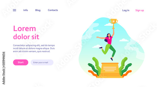 Woman celebrating victory. Girl holding gold cup on winner podium flat vector illustration. Winning, success, achievement concept for banner, website design or landing web page