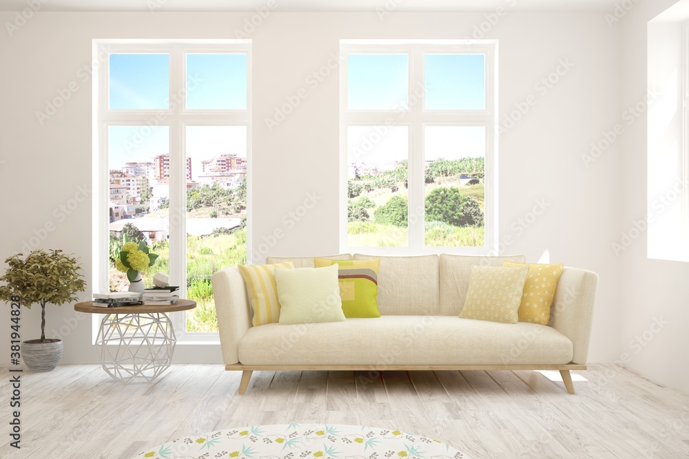 White living room with sofa and summer landscape in window. Scandinavian interior design. 3D illustration White living room with sofa and summer landscape in window. Scandinavian interior design. 3D illustration