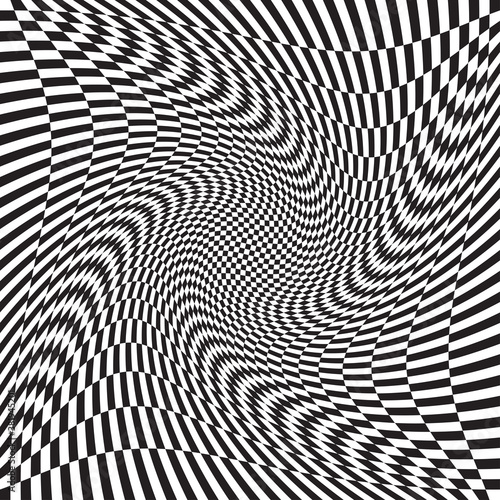 Checkered, chequered, chessboard surface with distortion, deformation effect. Distort, deform squares background, pattern. Ripple, wavy version