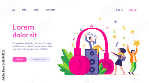 Happy tiny people listening spiritual music near huge headphones flat vector illustration. Young guy holding star and girl playing guitar. Lifestyle and technology concept