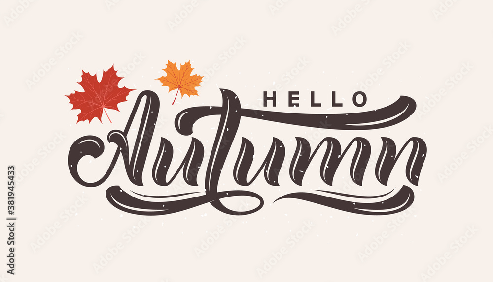Hello Autumn hand drawn lettering. Vector illustration.