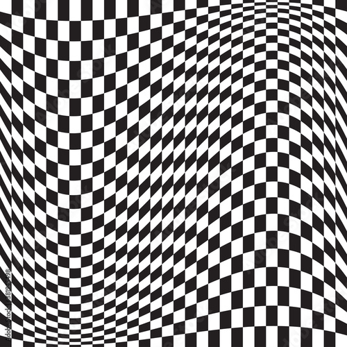Wavy, waving version Checkered, chequered, chessboard surface with distortion, deformation effect. Distort, deform squares background, pattern.
