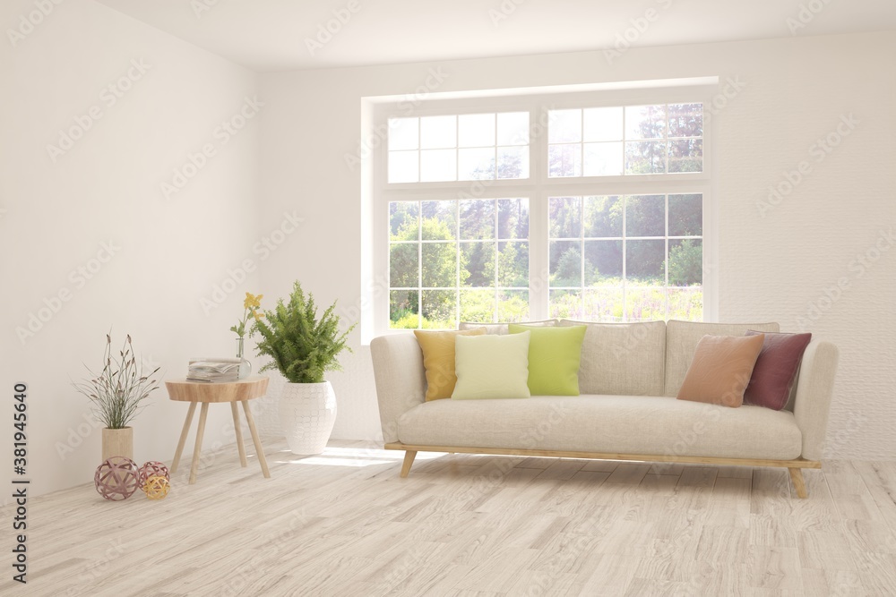 White living room with sofa and summer landscape in window. Scandinavian interior design. 3D illustration White living room with sofa and summer landscape in window. Scandinavian interior design. 3D illustration