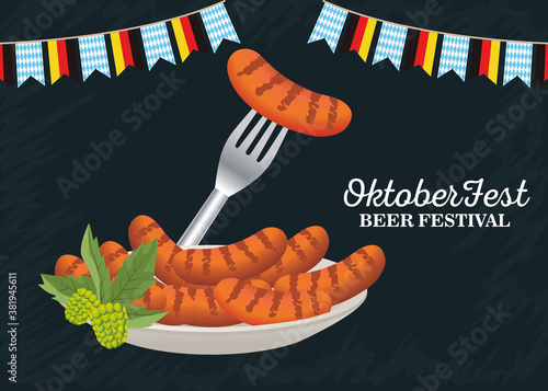 happy oktoberfest celebration with sausages in dish and party garlands