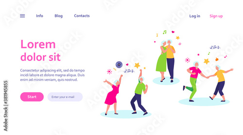 Happy old people dancing isolated flat vector illustration. Cartoon senior grandfathers and grandmothers having fun at party. Music and dancing club concept