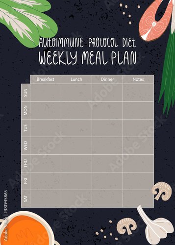 Autoimmune protocol diet weekly meal plan template. Salmon steak, mushrooms, garlic, bowl with pumpkin cream soup, green