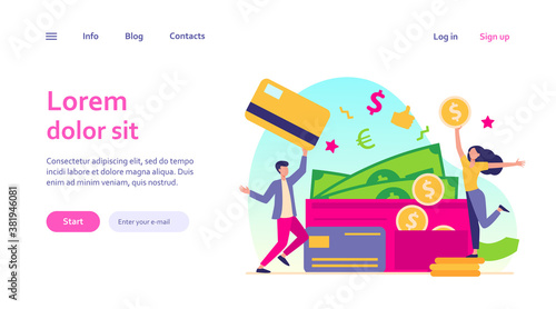 Happy tiny man and woman with big open wallet flat vector illustration. Isolated young guy holding plastic card and girl with coin. Salary, credit balance and budget concept