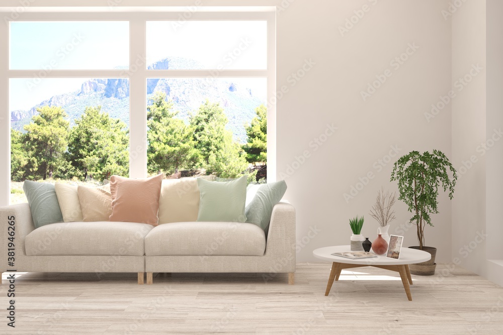 White living room with sofa and summer landscape in window. Scandinavian interior design. 3D illustration White living room with sofa and summer landscape in window. Scandinavian interior design. 3D illustration