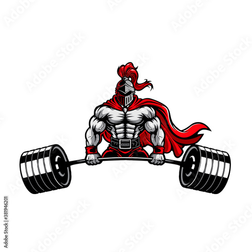 muscular Gladiator with barbell, vector, logo, cartoon, mascot, character