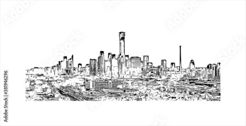 Building view with landmark of Beijing alternatively romanized as Peking is the capital of the Republic of China. Hand drawn sketch illustration in vector.