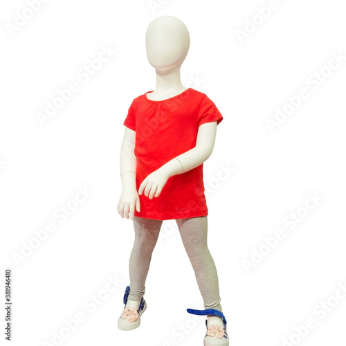 Girlish abstract mannequin in red t-shirt and gray leggings on isolated background photo