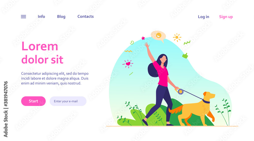Faceless happy woman walking with dog in park isolated flat vector illustration. Girl with pet on leash strolling at nature and waving. Animal, lifestyle and everyday activity concept Faceless happy woman walking with dog in park isolated flat vector illustration. Girl with pet on leash strolling at nature and waving. Animal, lifestyle and everyday activity concept
