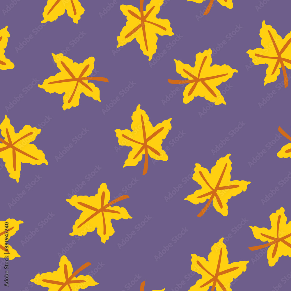 Seamless pattern with yellow maple leaves. Brown stem. Violet background. Autumn or summer. Nature or ecology. Doodle cartoon style. For postcards, wrapping paper textile, wallpaper and scrapbooking Seamless pattern with yellow maple leaves. Brown stem. Violet background. Autumn or summer. Nature or ecology. Doodle cartoon style. For postcards, wrapping paper textile, wallpaper and scrapbooking