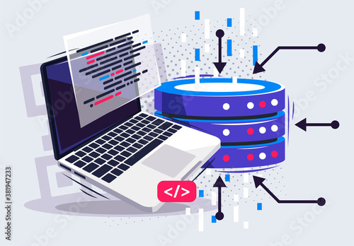 Vector illustration of a data center, programming in a data center, information storage Bank, laptop with server, transfer of information