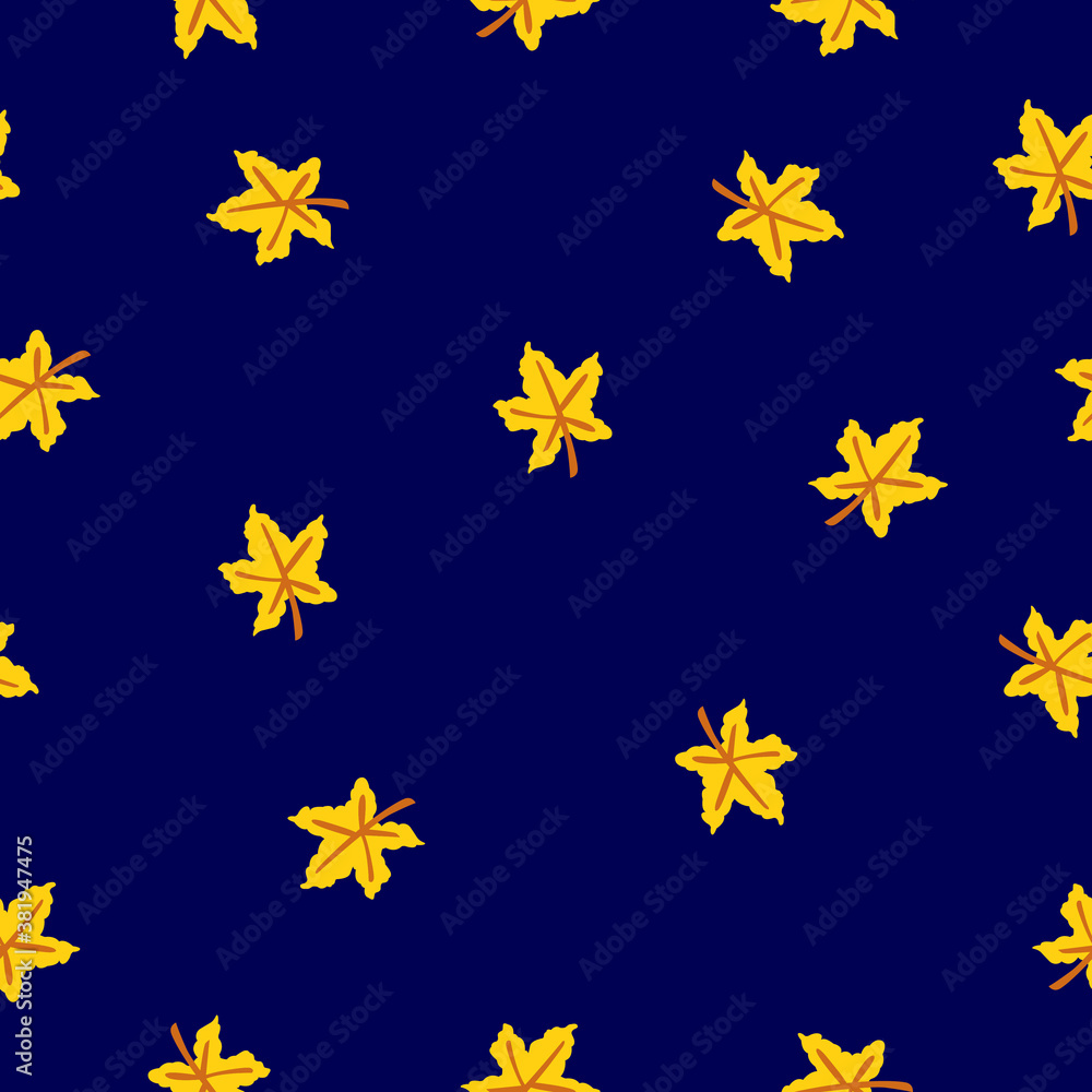 Seamless pattern with yellow maple leaves. Brown stem. Blue background. Autumn or summer. Nature or ecology. Doodle cartoon style. For postcards, wrapping paper textile, wallpaper and scrapbooking Seamless pattern with yellow maple leaves. Brown stem. Blue background. Autumn or summer. Nature or ecology. Doodle cartoon style. For postcards, wrapping paper textile, wallpaper and scrapbooking