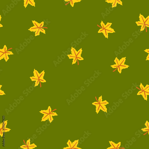 Seamless pattern with yellow maple leaves. Brown stem. Green background. Autumn or summer. Nature or ecology. Doodle cartoon style. For postcards  wrapping paper textile  wallpaper and scrapbooking