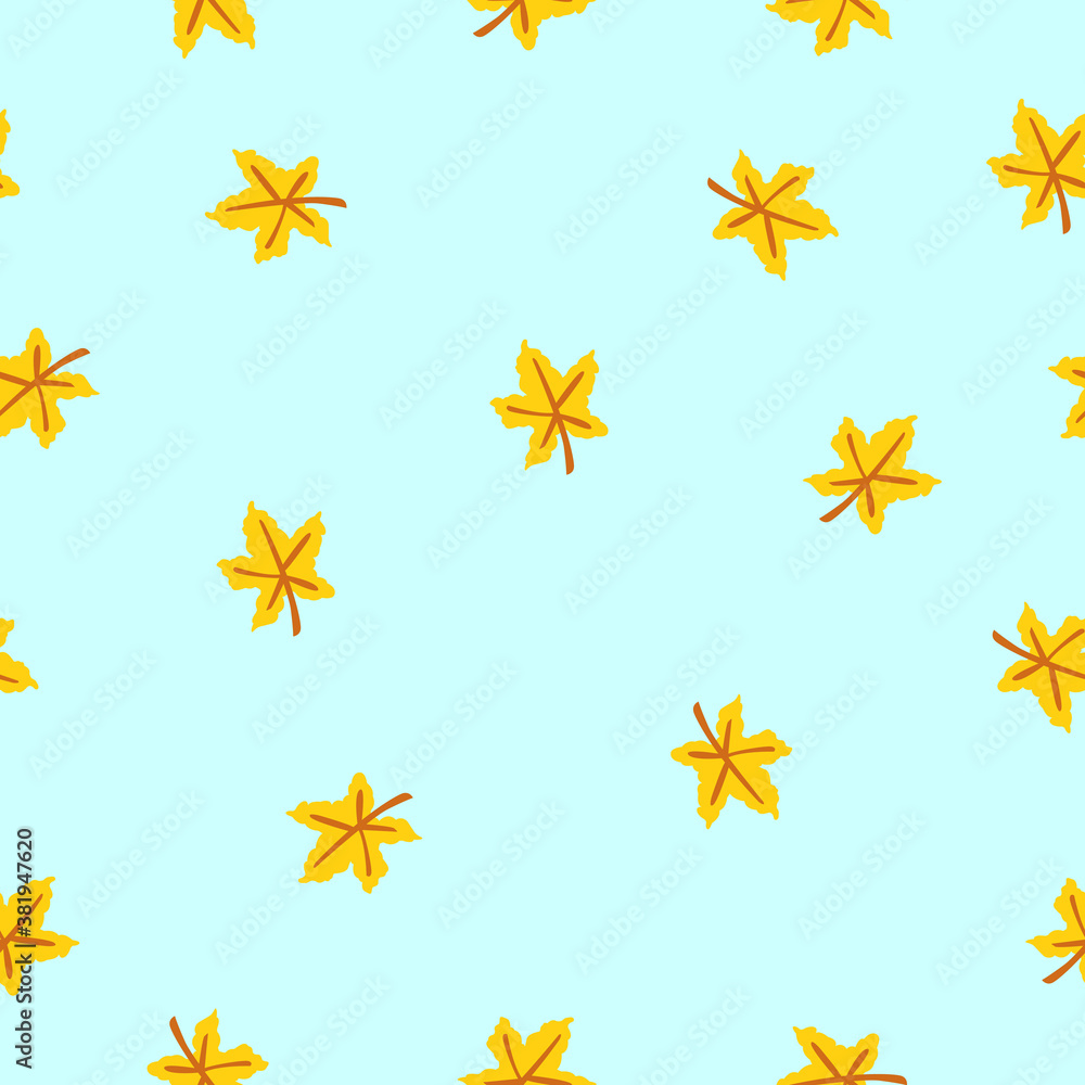 Seamless pattern with yellow maple leaves. Brown stem. Blue background. Autumn or summer. Nature or ecology. Doodle cartoon style. For postcards, wrapping paper textile, wallpaper and scrapbooking Seamless pattern with yellow maple leaves. Brown stem. Blue background. Autumn or summer. Nature or ecology. Doodle cartoon style. For postcards, wrapping paper textile, wallpaper and scrapbooking