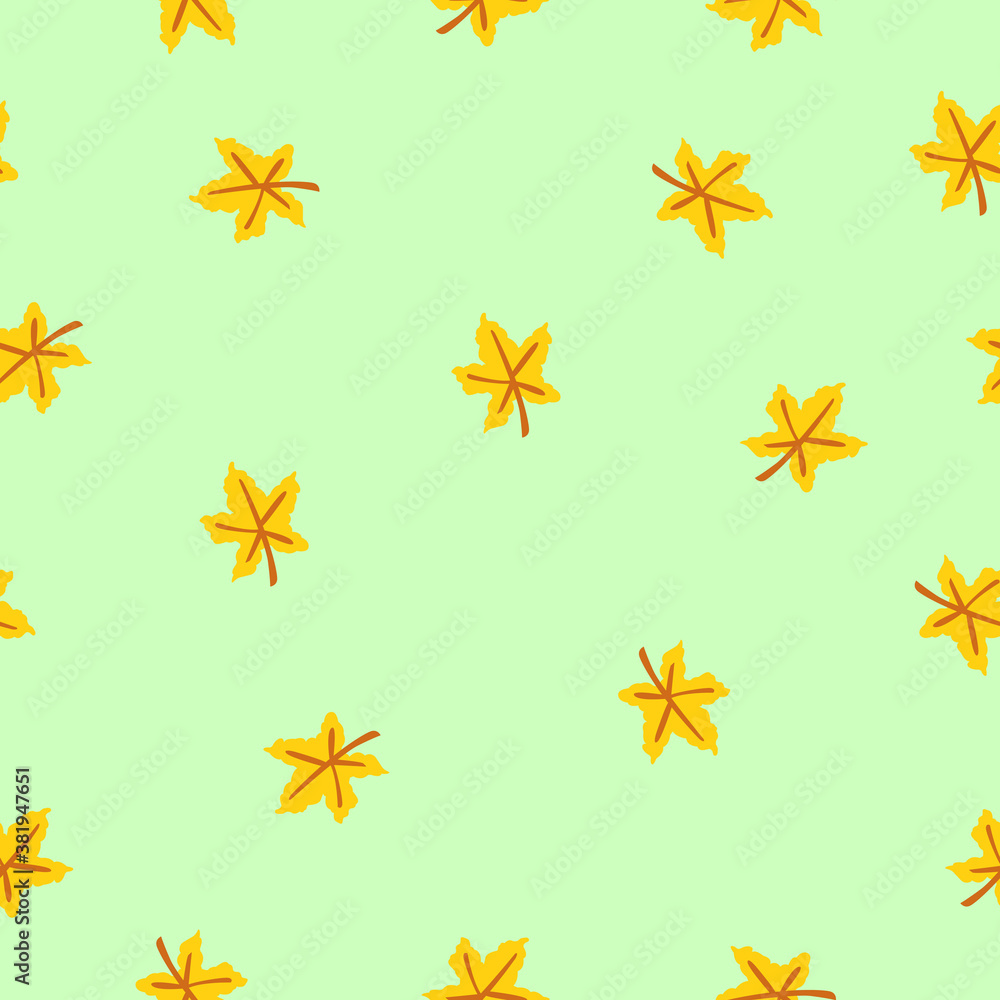 Seamless pattern with yellow maple leaves. Brown stem. Green background. Autumn or summer. Nature or ecology. Doodle cartoon style. For postcards, wrapping paper textile, wallpaper and scrapbooking Seamless pattern with yellow maple leaves. Brown stem. Green background. Autumn or summer. Nature or ecology. Doodle cartoon style. For postcards, wrapping paper textile, wallpaper and scrapbooking
