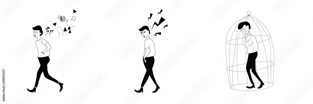 Mental health, mental problem, human psychology, mind set concept. Vector illustration of man emotional stages, happy, worried, stressed, scared Mental health, mental problem, human psychology, mind set concept. Vector illustration of man emotional stages, happy, worried, stressed, scared