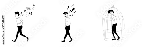 Mental health, mental problem, human psychology, mind set concept. Vector illustration of man emotional stages, happy, worried, stressed, scared