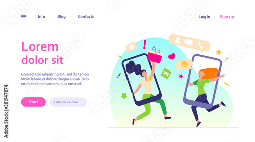 Customers sharing references and earning money. Mobile phones users chatting, exchanging gifts. Vector illustration for refer a friend, referrals, loyalty program, marketing concept