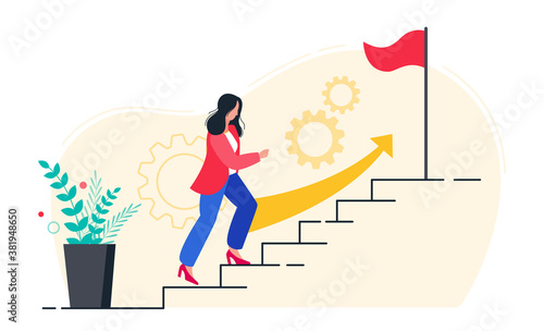 Business woman walking up stairs to their goal. In progress. Move up motivation, the path to the target's achievement.