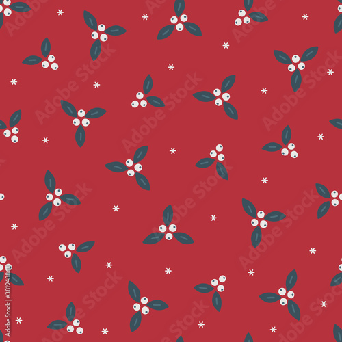 Christmas seamless pattern with holly berry and snowflakes