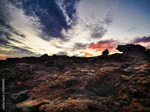 African Sunrise / Sunset over Rocky Meadow in the Rocklands, Cederberg, South Africa, Colourful Sky, colorful clouds, horizon panorama. 
