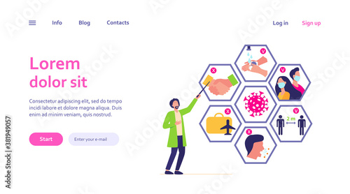 Doctor presenting tips for protection from coronavirus and epidemic spread prevention. Vector illustration for covid 19, symptoms, protection, safety, infection concept