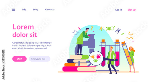 Group of scientists with microscope, chemical tubes and books doing epidemiology research. Chemists studying corona virus tests in medical lab. Can be used for coronavirus pandemic, covid 2019 topics