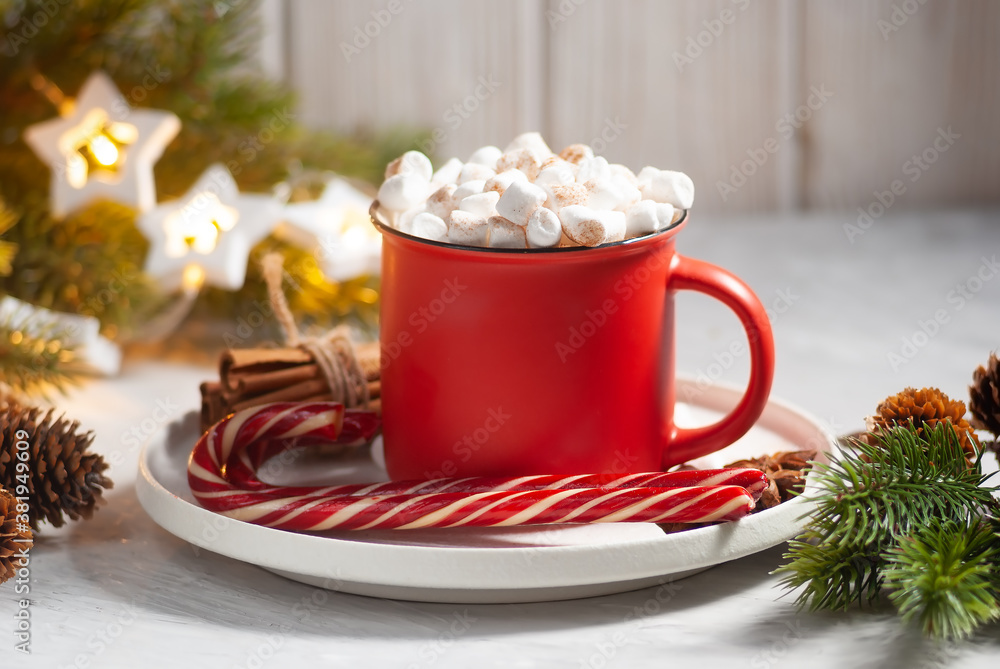 Beautiful christmas drink in the red cup with marshmallows and cinnamon with anis stars close-up Beautiful christmas drink in the red cup with marshmallows and cinnamon with anis stars close-up