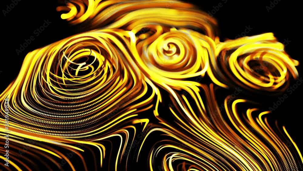 yellow flow of particles forms curled glow lines or light streaks like glow trails, lines form swirling pattern like curle noise. Abstract 3d looping as bright creative festive background yellow flow of particles forms curled glow lines or light streaks like glow trails, lines form swirling pattern like curle noise. Abstract 3d looping as bright creative festive background
