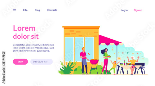 Family barbecue party. Happy mother, father, grandparents and kid cooking bbq meat and having dinner in backyard. Vector illustration for weekend, leisure, picnic, togetherness concepts