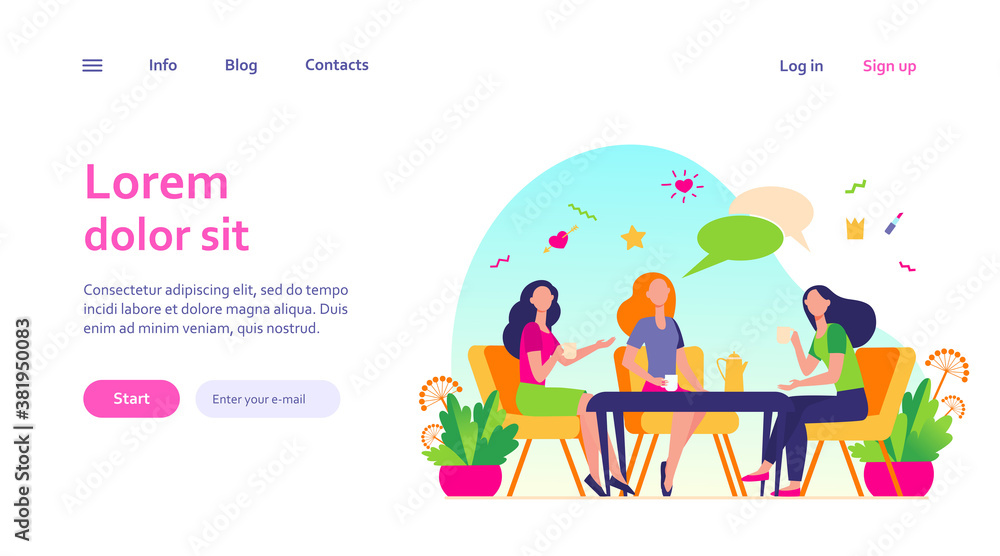 Female friends hanging out in cafe. Women sitting at table, drinking tea or coffee, talking with speech bubble. Vector illustration for chatting, communication, lunch, friendship concept