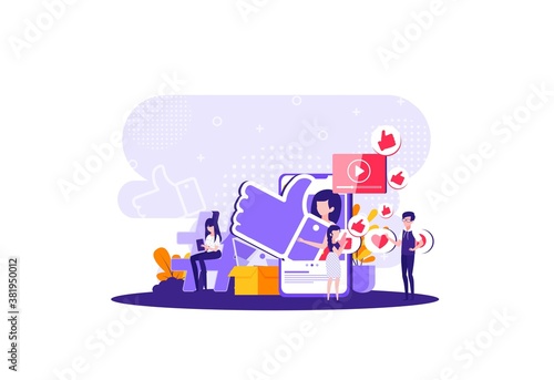 liked the post concept illustration of young people using mobile gadgets such as laptop, tablet pc and smartphone for social networking and blogging. tiny people design of guys and women near big