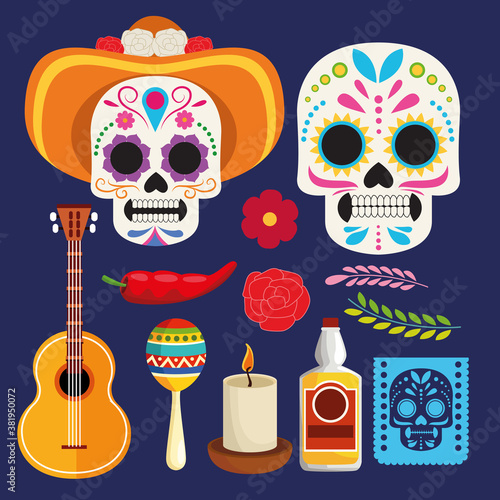 dia de los muertos celebration poster with skulls couple and instruments