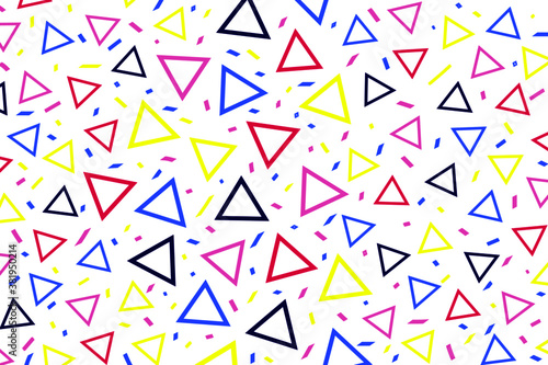 Triangles pattern geometric abstract memphis art style colorful design. Trendy pop art colors triangles, graphic web design triangular seamless vector pattern